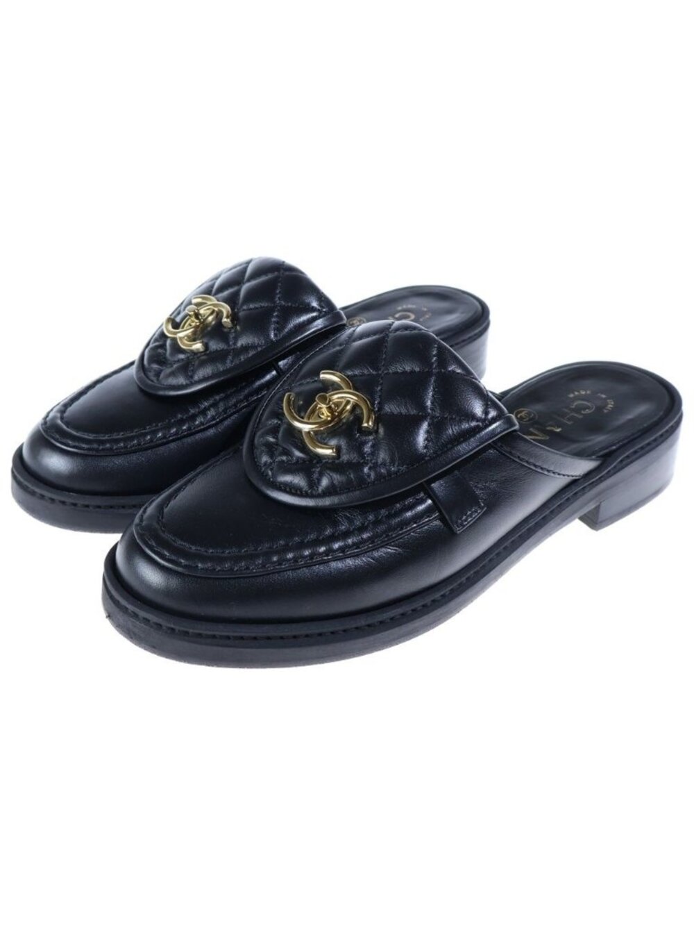 Chanel CC Logo Quilted Turnlock Leather Loafers Shoes Black Lambskin Gold